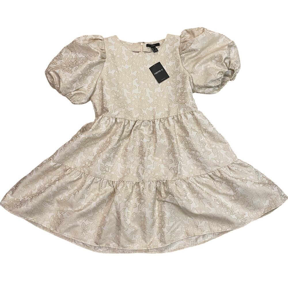 Forever 21 M Puff Sleeve Mini Dress | Brocade Ivory Gold Tiered Fit & Flare NWT